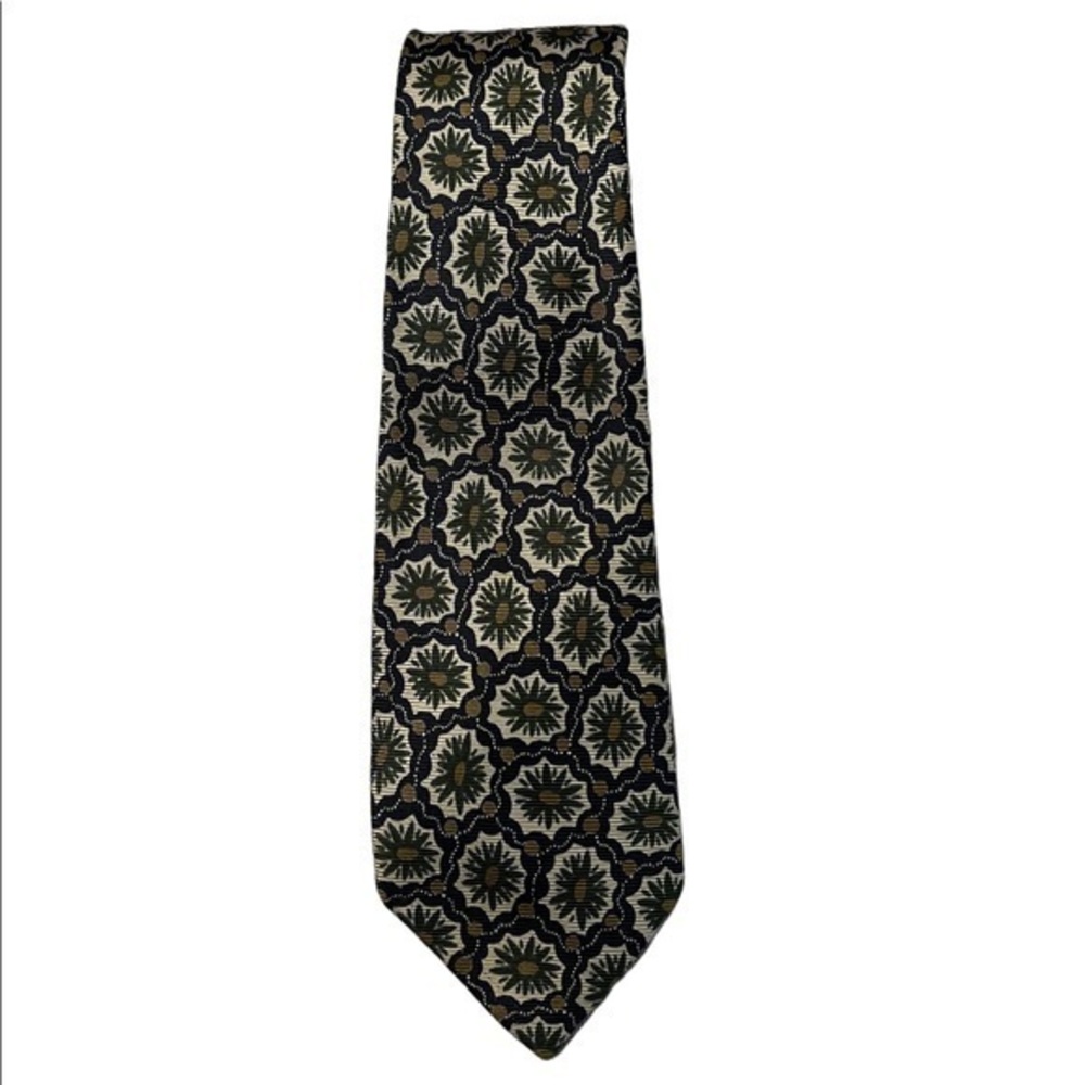 HUGO BOSS 100% silk vintage tie with green bursts & gold spots